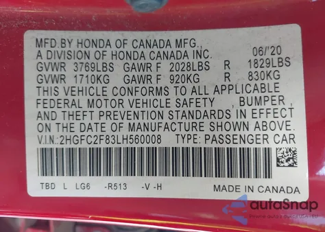 2020 Honda Civic Sport from USA, damaged, VIN 2HGFC2F83LH560008